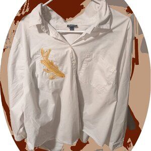 Up-cycled cotton button up with embroidered koi fish